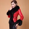 Kunstfelljacke _ Damen Kurzmantel mit Kunstfuchsfellkragen, verdickte Kunstfelljacke, Leder-Baumwolljacke