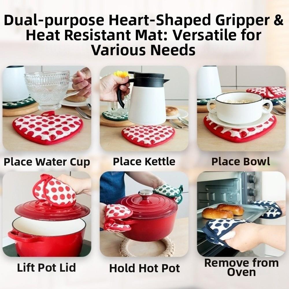 2pcs Heart-shaped Heat Insulation Pad Thickened Cotton Heat Resistant Oven Mitts Polka Dot Non-Slip Baking Gloves Dining Table