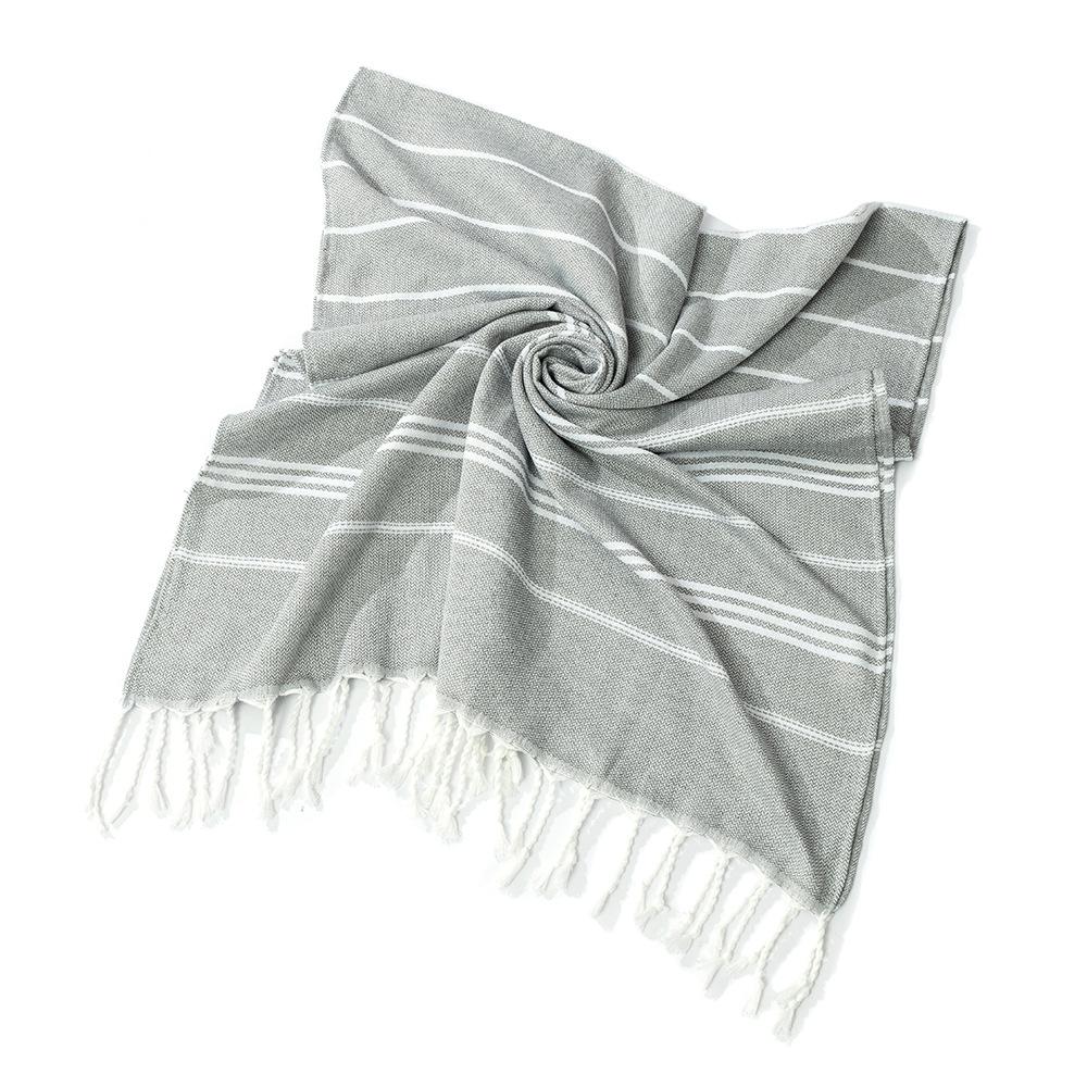 Türk Püsküllü Çizgili Oversize Plaj & Banyo Havlusu – Polyester Pamuk Emici Kumaş