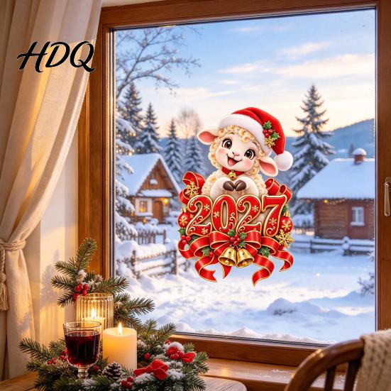 New Year Window Clings of The Sheep Cling 2027 Static Sticker Christmas Cartoon Easy Apply Glass Surface Decals Goat Decal with Santa Hat And Bells