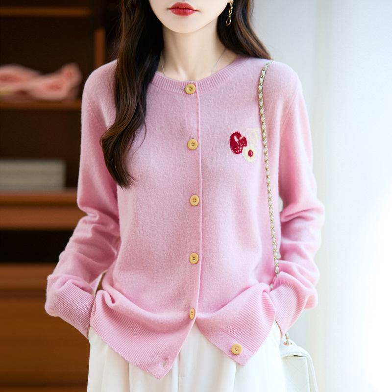 Cherry Embroidery Women's Wool Cardigan: Age-Reducing, Round Neck, Autumn/Winter Casual Knit Sweater Coat Design.