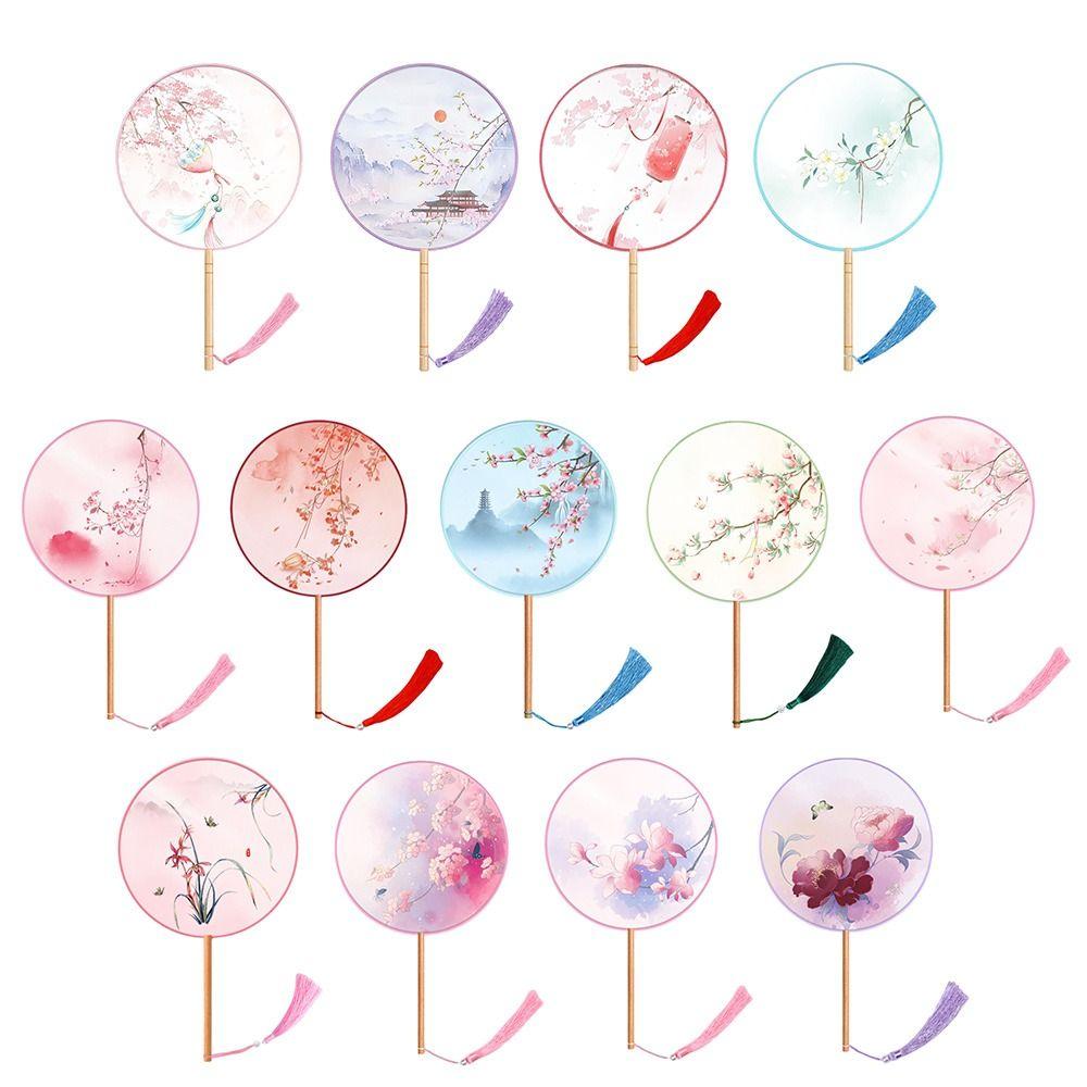 Half Transparent Ancient Style Fan Long Handle Ink Painting Round Hand Fan Silk Embroidered Small Round Silk Fan