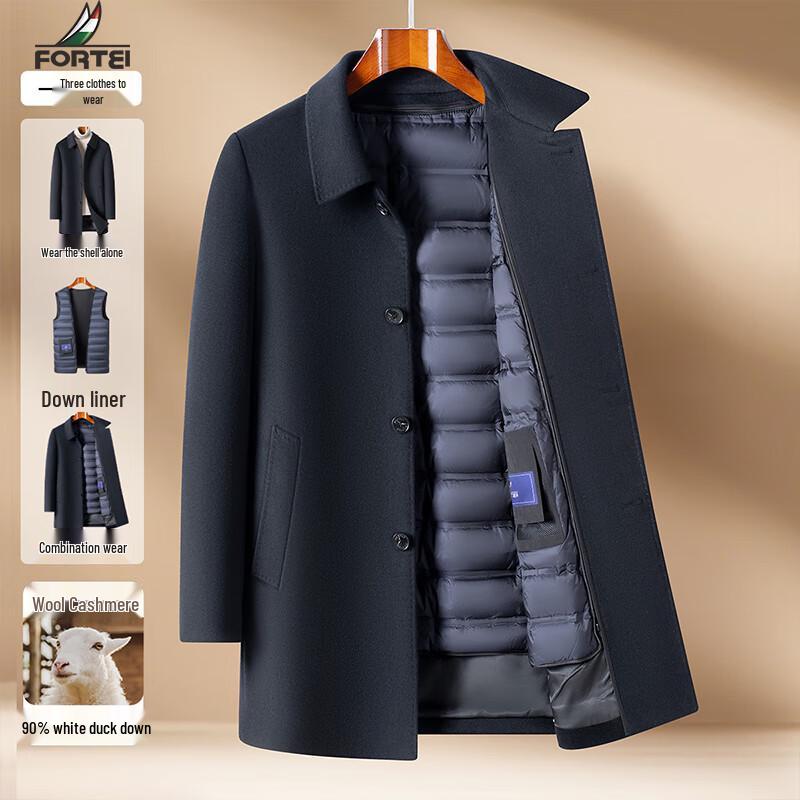 

Men s Wool Cashmere Blend Mid-Length Coat with Detachable Down Liner 3XL