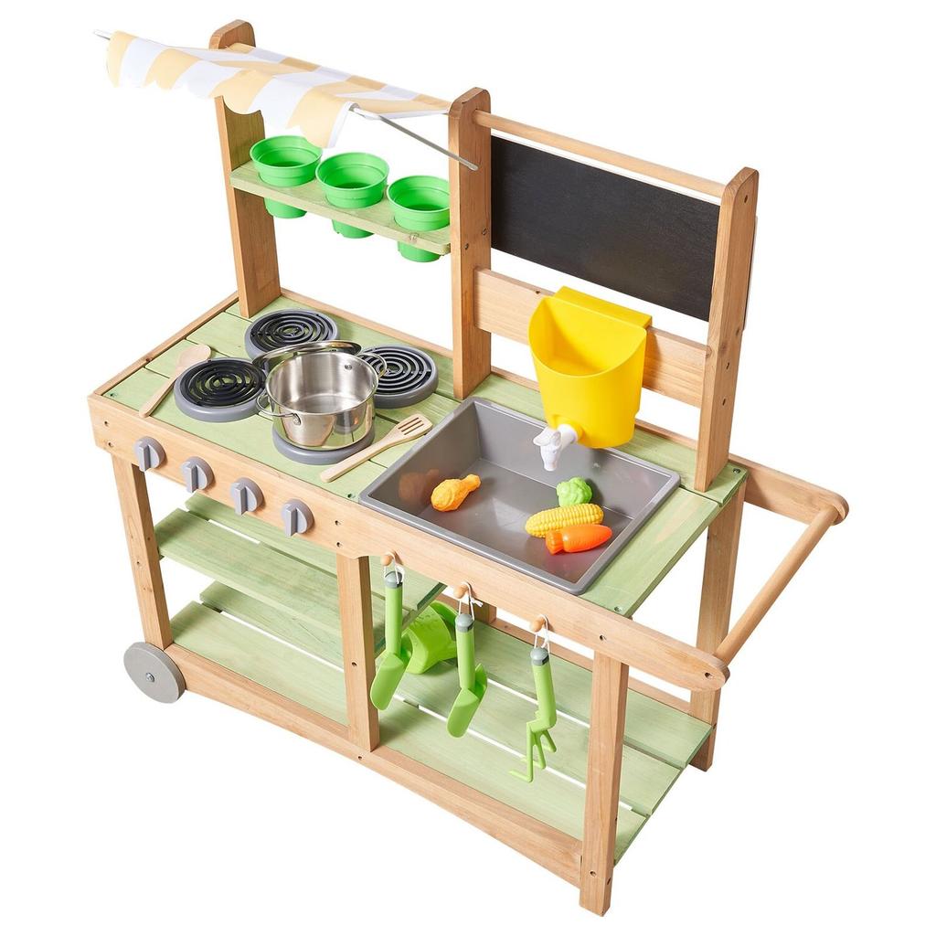 Mud Kitchen, Outdoor Mud Kitchen for Kids, Wood Outdoor Play Kitchens with Spoons, Sink, Sunshade Canopy, Swivel Wheels, Cookware Pots and