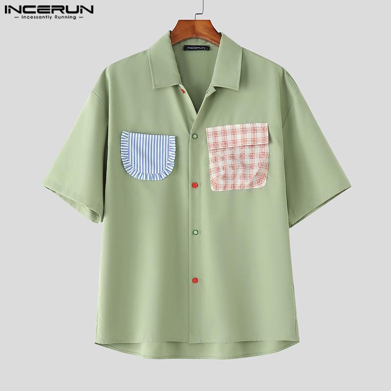 INCERUN Oversized Summer Men Lapel Neck Plaid Print Patchwork Buttons Casual Shirts