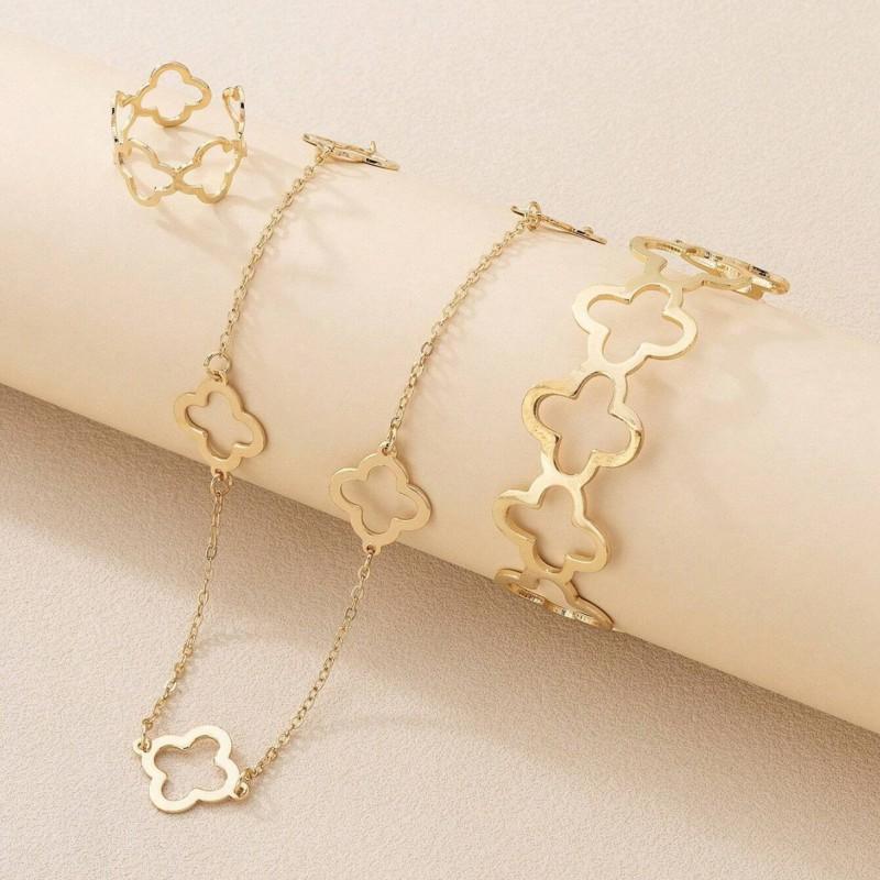 Womens Gold Tone Hollow Lucky Clover Long Necklace Set With Bracelet Ring - Minimalist Floral Jewelry Daily Wear
