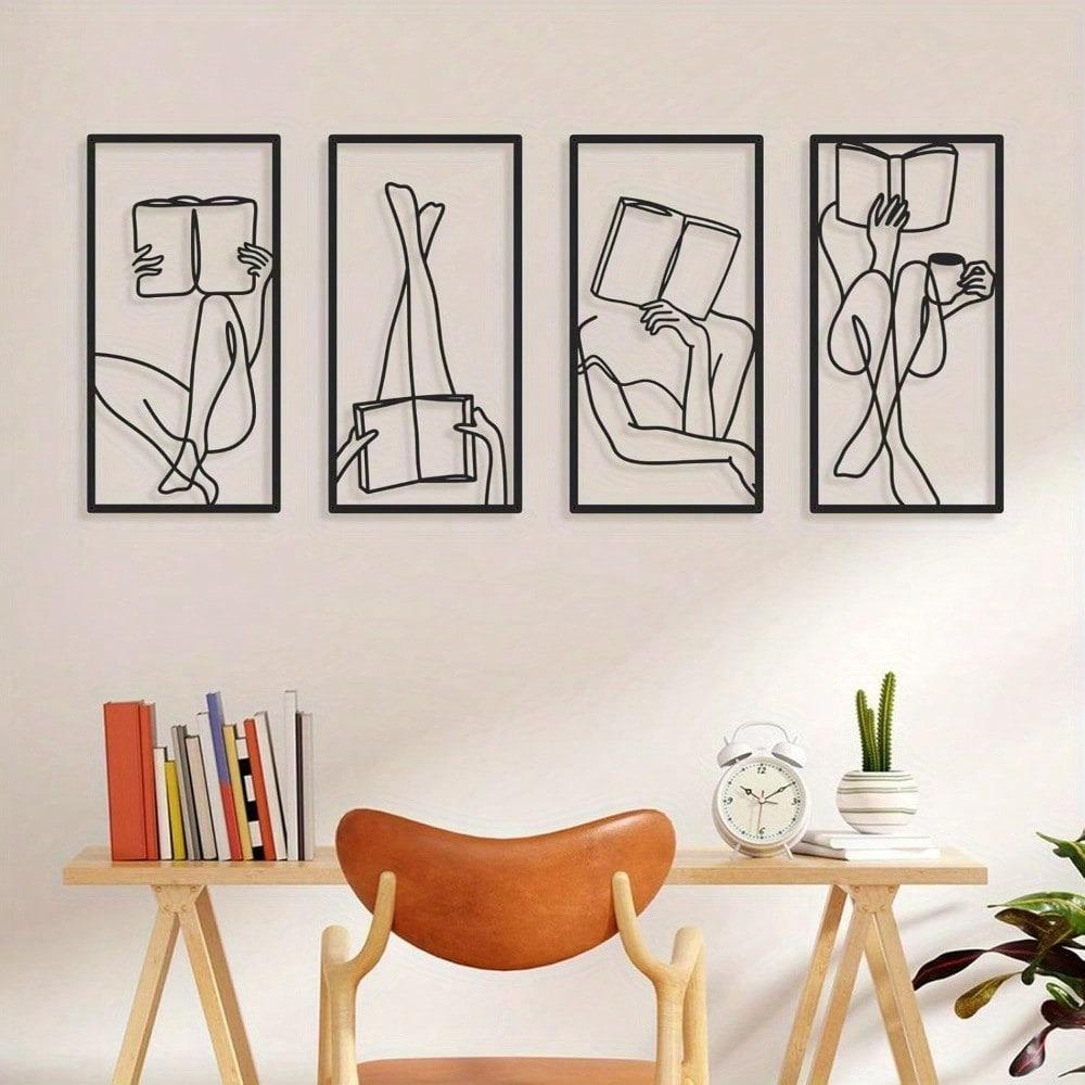 Art Deco Abstract Woman Line Metal Wall Art Set of 4 Modern Matte Black Minimalist Home Decor