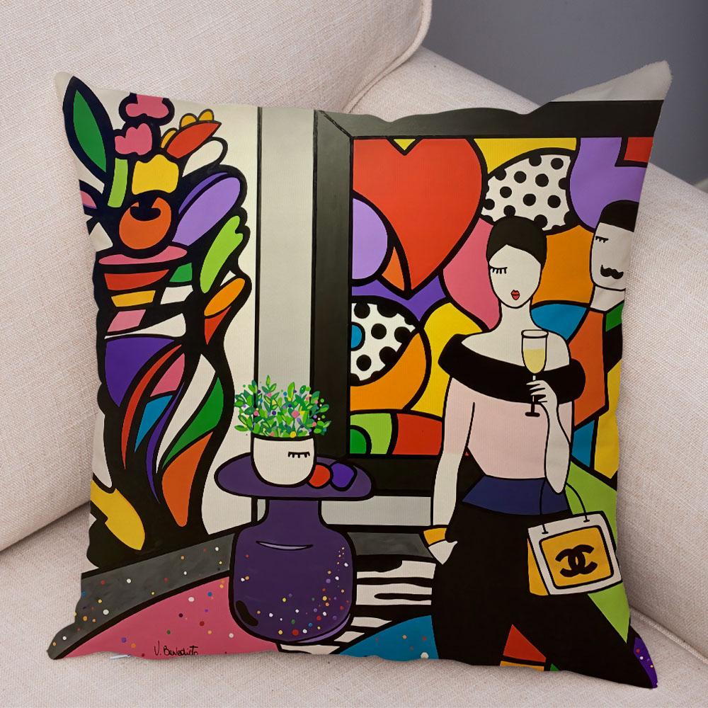Geometric Cartoon Girl Colorful Abstract Art Drawing Pillowcase Sofa Cushion Cover Home Car Decor Home Decor