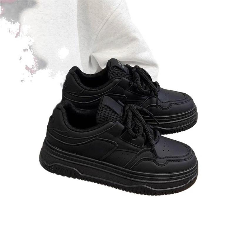 Black platform versatile board shoes women's autumn leather lace-up casual shoes campus style lace-up running shoes