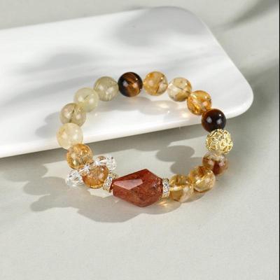 High-End Women's Yellow Crystal & Black Gold Super Seven Beaded Bracelet - Niche Design
