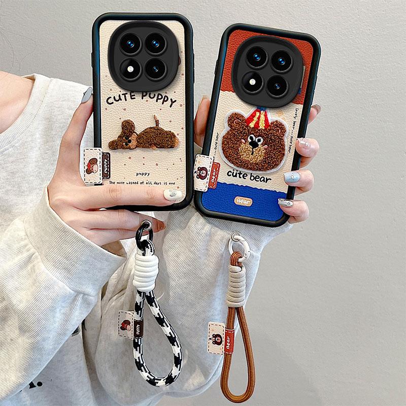 KEYSION Cartoon Cute Plush Embroidery Case for Redmi Note 14 Pro 5G 14 Pro+ with Lanyard Shockproof Phone Cover for Xiaomi POCO X7