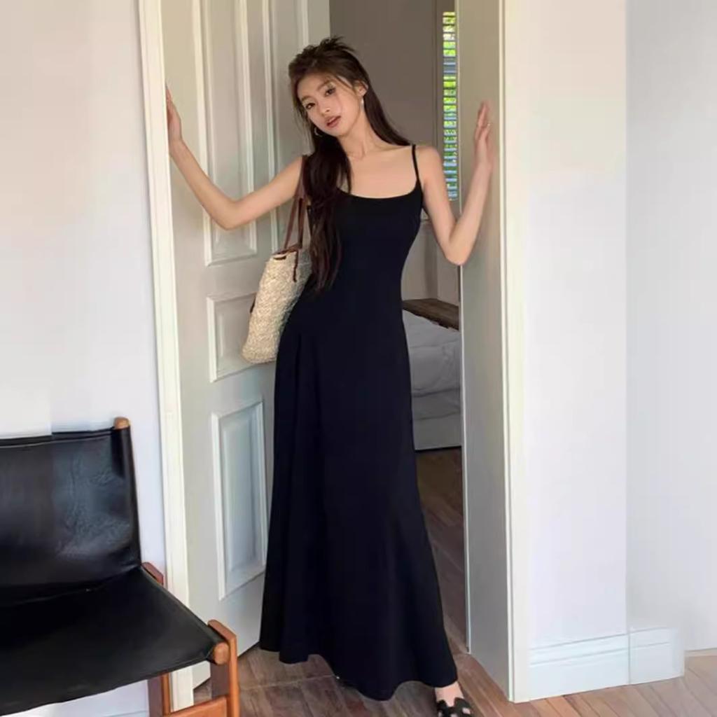 French gentle pure desire style Spice girl waist suspender dress women's summer slim and thin temperament A-shaped long skirt