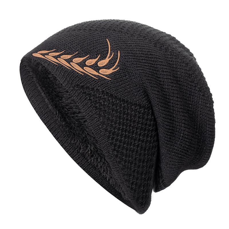 

Теплая зимняя шапка унисекс, модная вязаная шапка с пшеничной вышивкой для мужчин и женщин, толстая лыжная шапка на меховой подкладке, шапка-бини 54cm-62cm чёрный