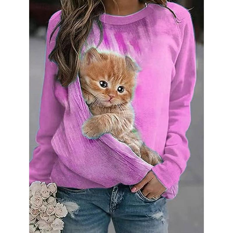 Women's Pullover Sweatshirt Print Graphic Animal Cat Casual Long Sleeve Crew Neck Regular Tops