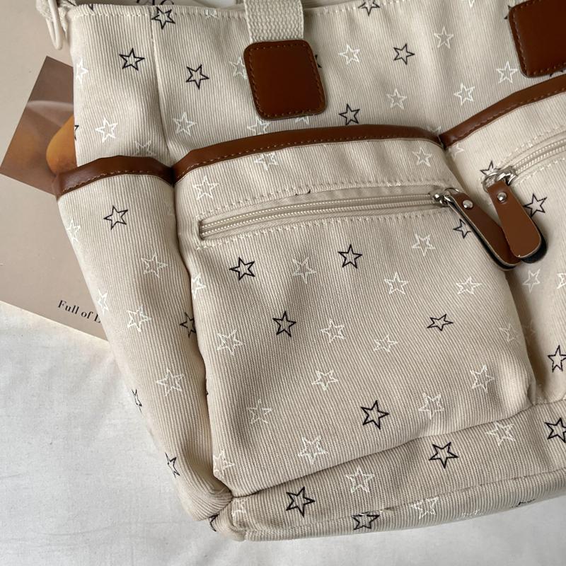 Womens Star Print Canvas Tote Bag Large Capacity Casual Shoulder Handbag Purse