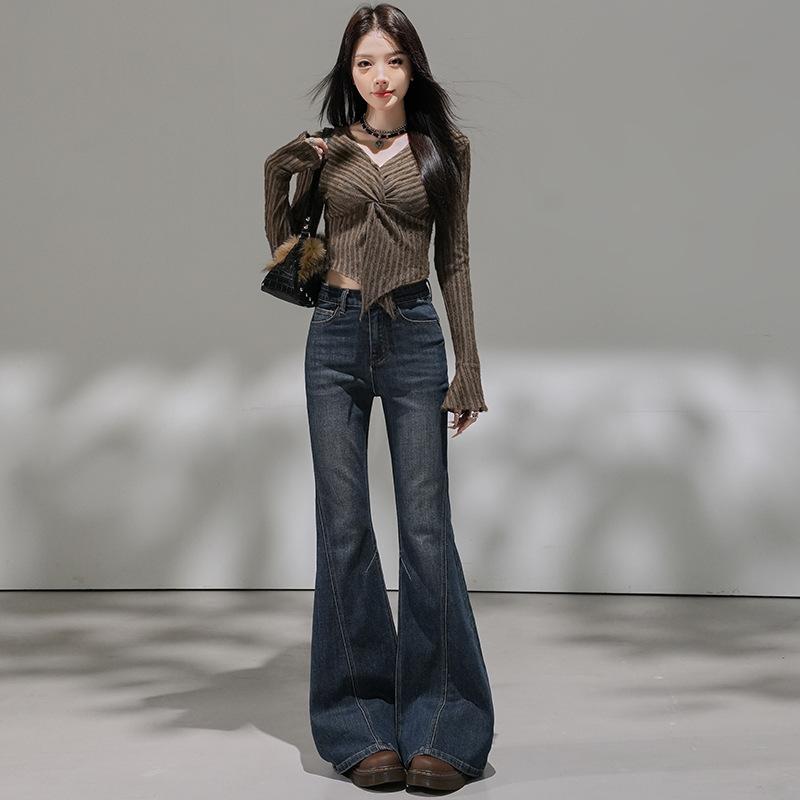 Retro blue denim micro-pull pants women's autumn new splicing elastic flared pants nine points/trousers