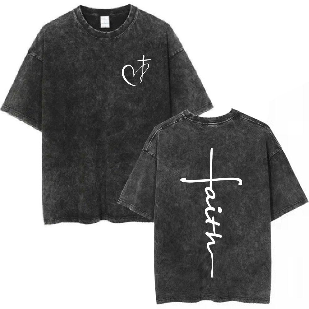 

Heart Cross Christian Jesus Faith Over Fear Bible Verse Vintage Washed Tshirts Unisex Fashion Oversized T Shirts Cotton Tshirt S