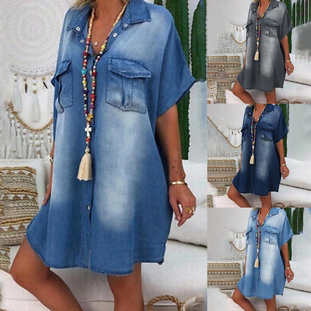 Women's Casual Shirt Dress Long Sleeve Loose Fit Single Breasted Patch Pocket Straight Cut Collared Shirt Dress