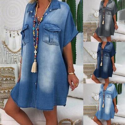 Damenmode, lässig, einfarbig, Revers, einreihig, Panel, gerade, kurzärmelig, lose Tasche, Hemdkleid