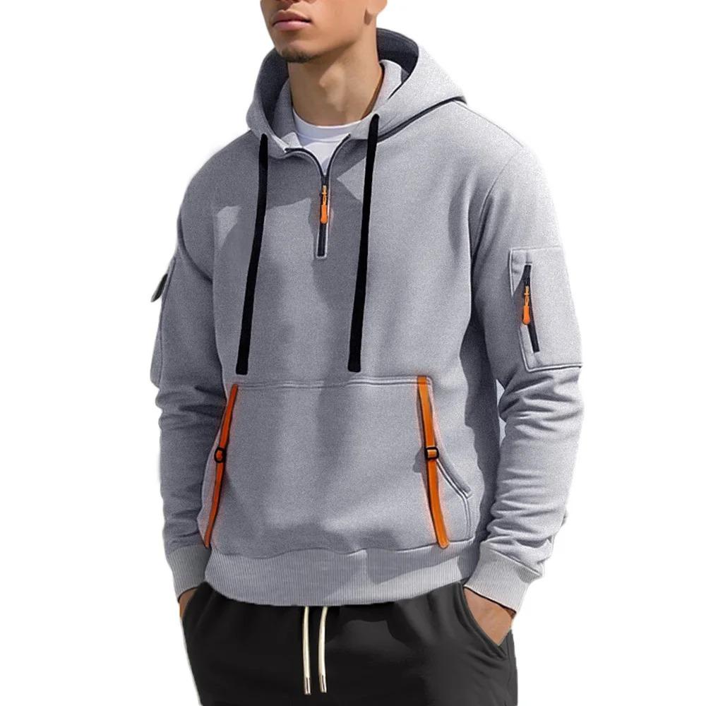 Autumn Men's Sweatshirts Hooded Thin Fleece Lining Windproof Warm Sweatshirt Multi-pocket Ribbon Design Male Sports Pullover