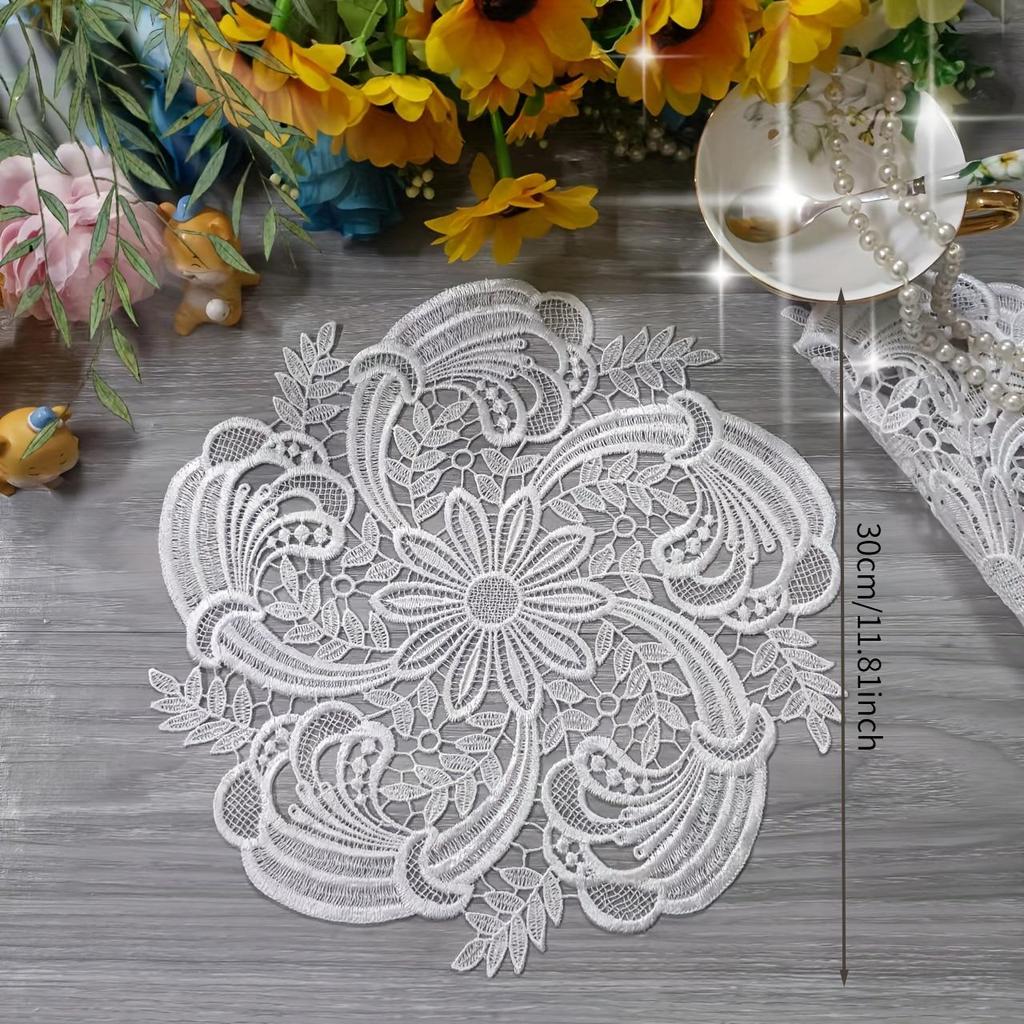Elegant White Velvet Lace Oval Tablecloth Table Mat - Floral Pattern Polyester Tablecloth, Suitable for Catering, Coffee and Home Decor, Perfect