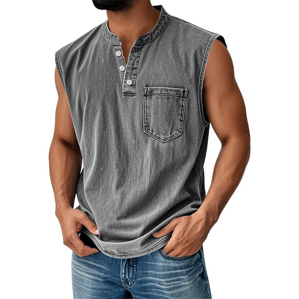 Men’s Summer Sleeveless Henley Tank Top with Button Front and Chest Pocket Casual Athletic Vest Shirt
