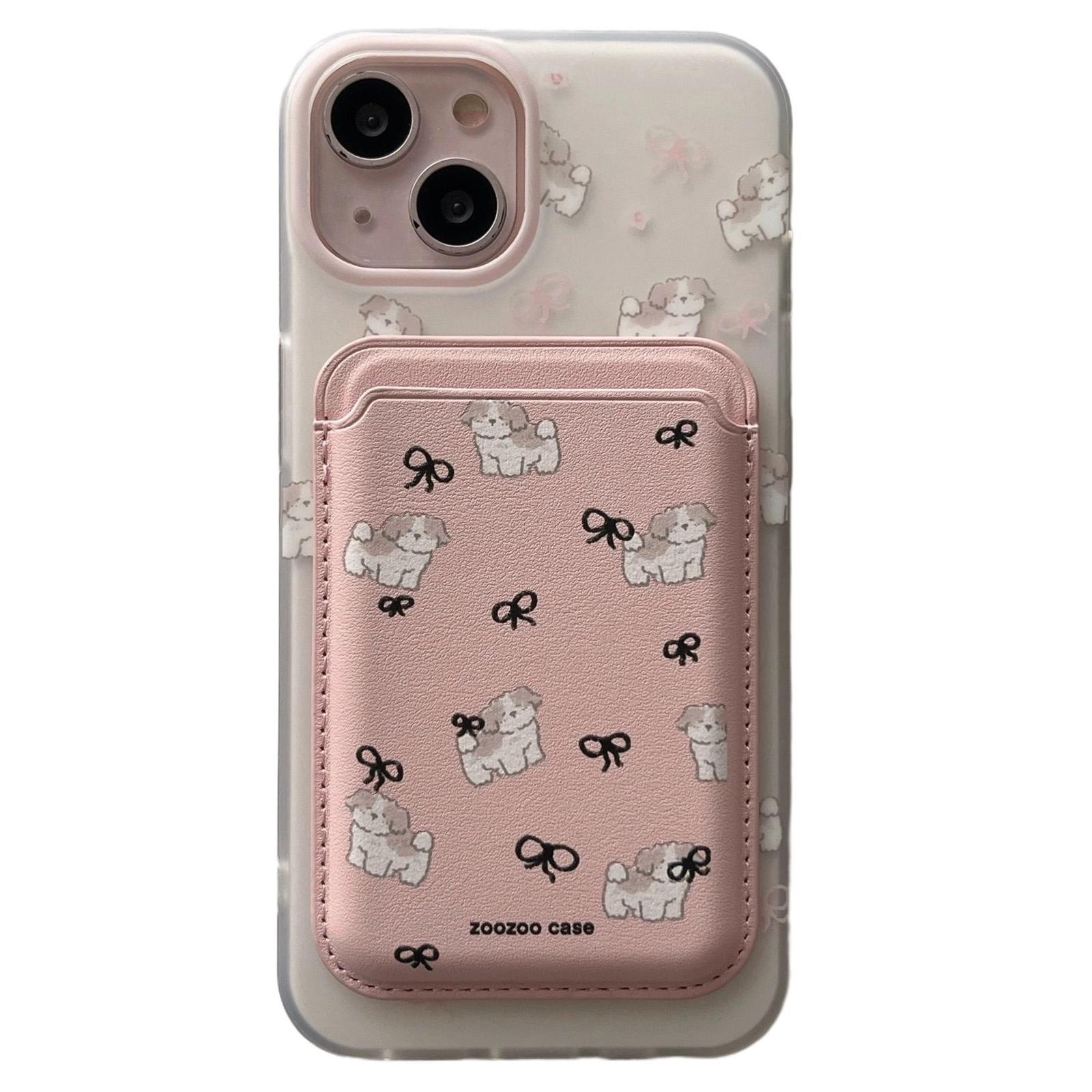 

For iPhone 14 Case Dog Pattern IMD TPU Phone Cover with Pink Magnetic Card Bag A