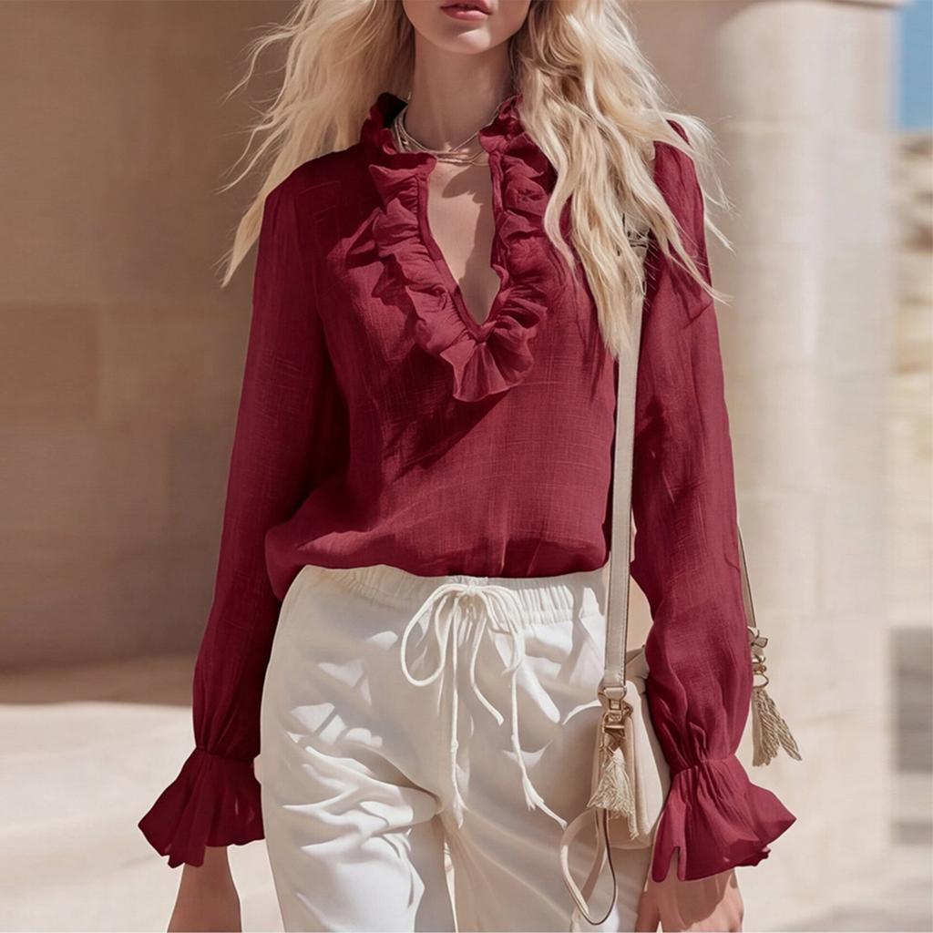 Women's Fashion V Neck Long Sleeve Vintage Ruffle Blouse Pullover Top with Elegant Frill Collar and Cuffs for Casual Wear