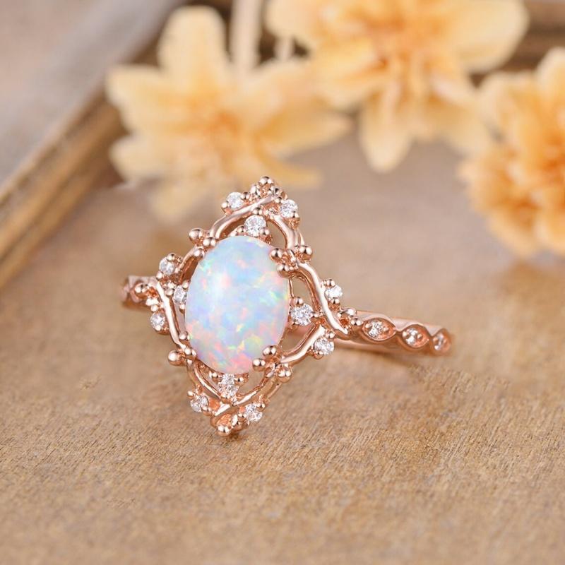Cushion Cut Square Rainbow White Fire Opal Rings For Women Gold Horse Eye Zircon Charm Leaf Wedding Bands Party Jewelry CZ