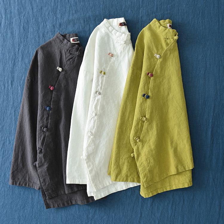 Chemise rétro pour femme printemps/été 2025 en coton lin avec col montant et design color block