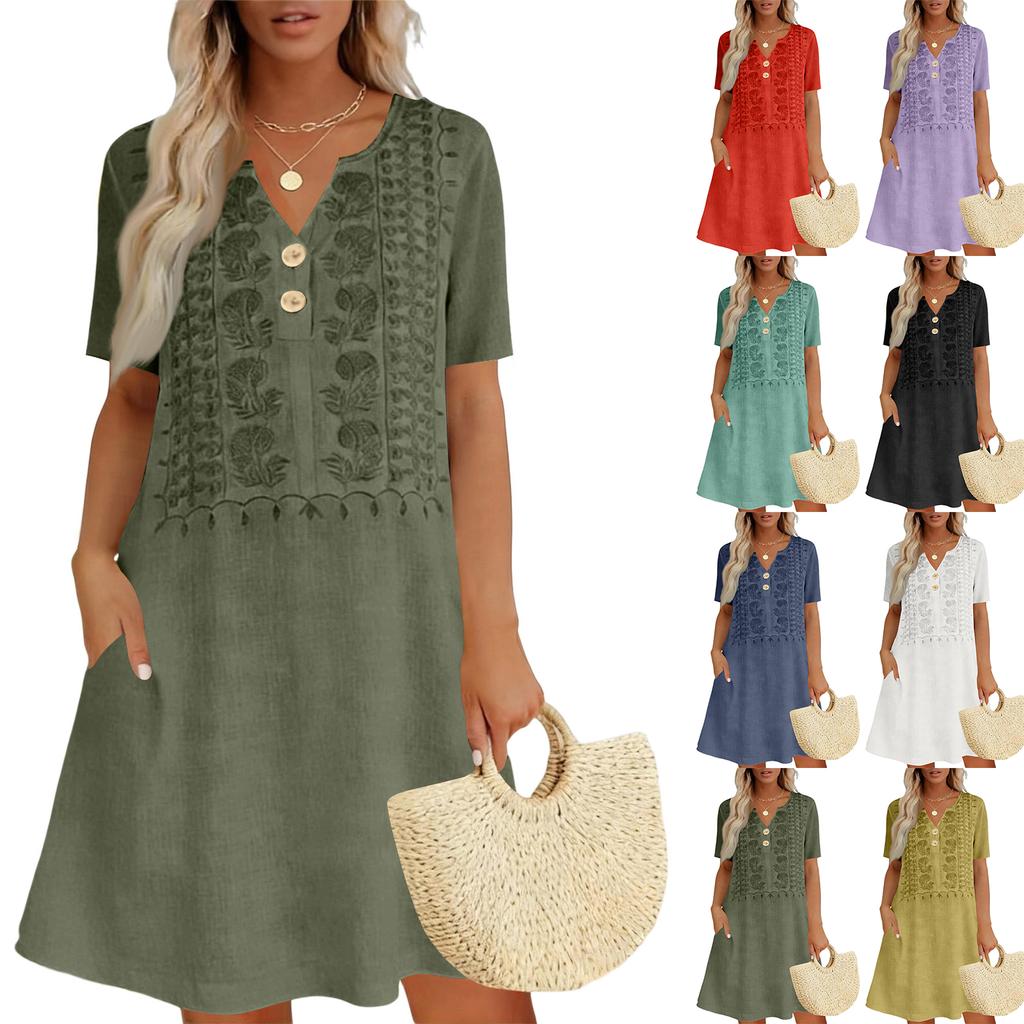 Women Casual Loose Fit Short Sleeve Dress Embroidered Front Button Detail Lightweight Summer Dress with Pockets