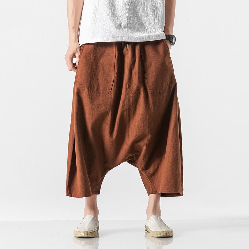 Lato Wiosna Męskie Duży Rozmiar Casualowe Spodnie Haremki Vintage Luźne Bawełniano-Lniane Spodnie z Szerokimi Nogawkami Męskie Spodnie z Elastycznym Pasem Pantalones Spodnie