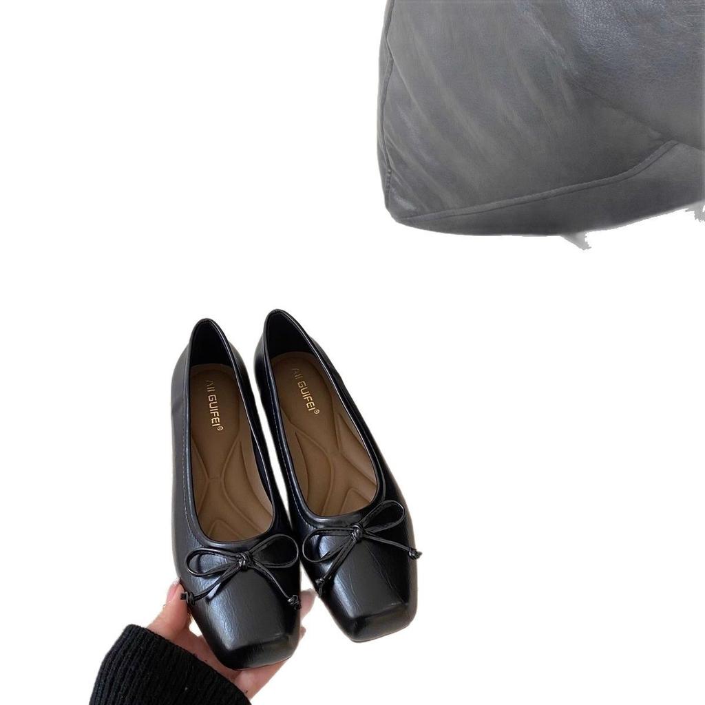 Silver Single Shoes Women's Autumn 2025 New Square Head Small Leather Shoes Light Mouth Beanie Shoes Gentle Wind Bow Ballet Shoes