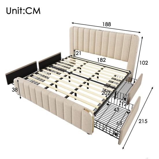 Upholstered Bed Double Upholstered Headboard with Golden Trim, USB Type-C Charging Function 180x200cm, Beige Linen Material with 4 Drawers, Load