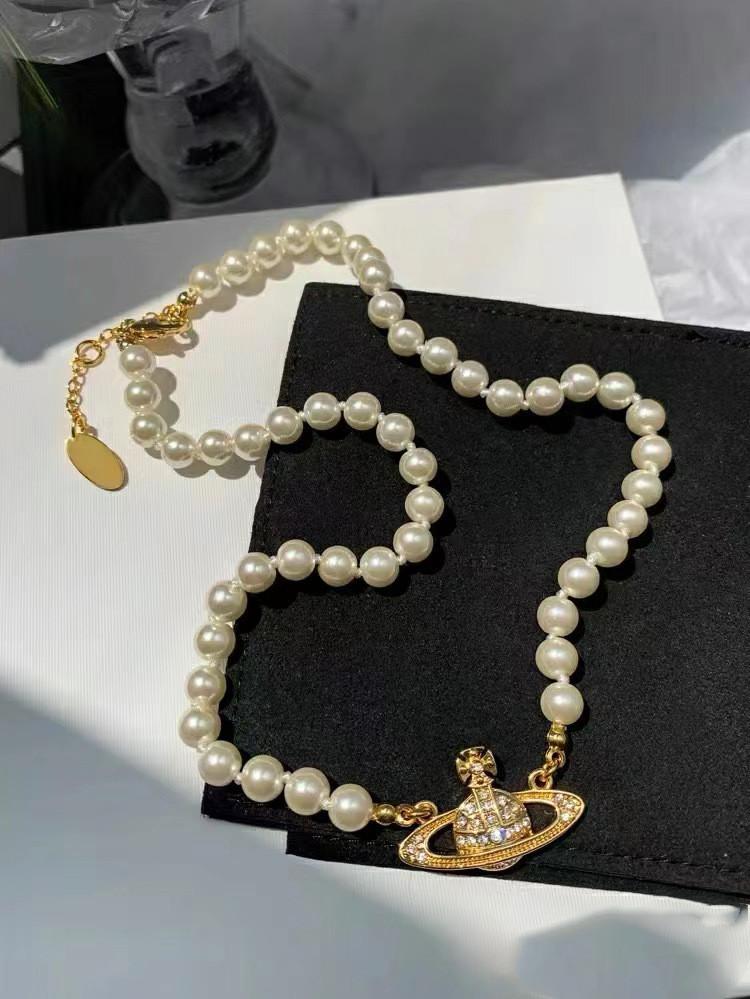 Saturn Pearl Necklace With Cz Microinlay Ushaped Pendant For Elegant Women