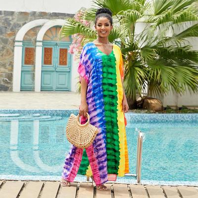 Ethnic Print Kaftan Dresses for Women Plus Size Turkish Swimsuit Cover Ups Long Beach Caftans Colorful Stripe Summer Tunic  Q1546