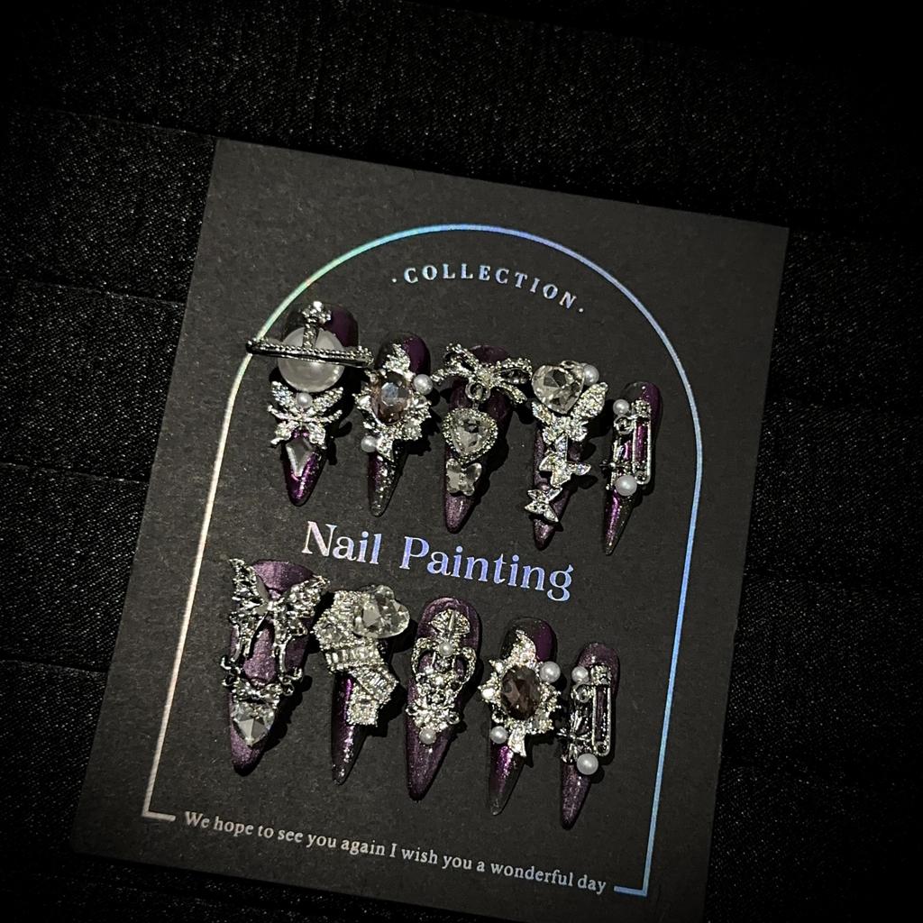 Handmade Luxury Press On Nails Long Almond French Tip Sparkly Fake Nails 3D Rhinestones Designs Acrylic Nails Reusable Stick On Nail for Women