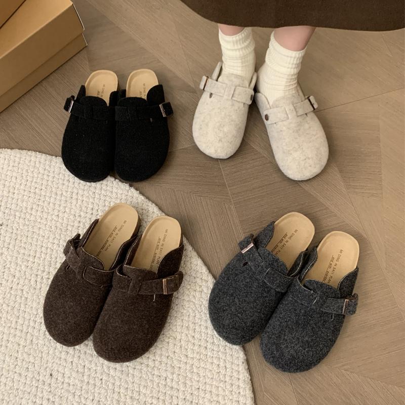 Fashion Woman's Fleece Felt Mule Clogs Closed Toe Real Soft Cork Footbed Slide Slippers Ladies Winter Warm Plush Birken Sandals