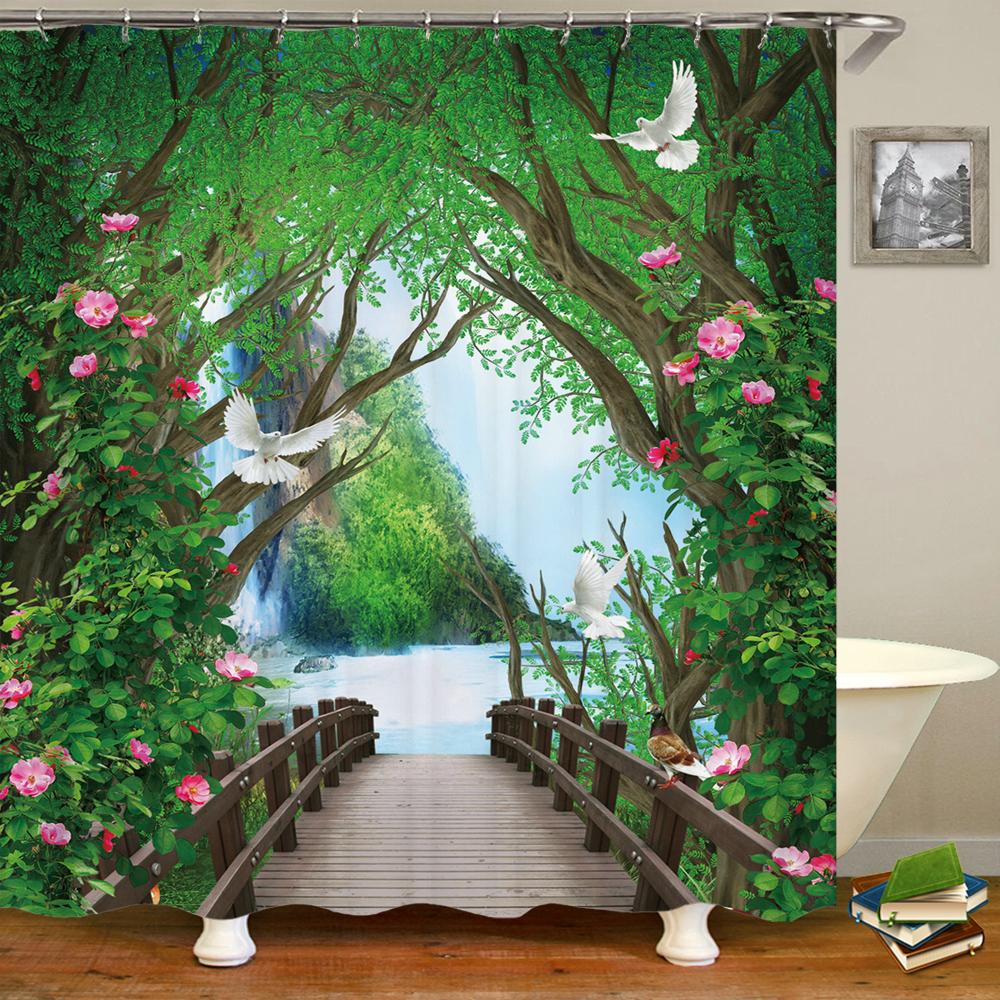 3D Fantasy Waldlandschaft bedruckter Duschvorhang wasserdichter Polyester-Badevorhang Badezimmerdekoration mit Haken Vorhang