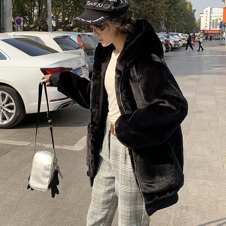 

Осенне-зимняя свободная плюшевая куртка женская из искусственного кроличьего меха рекс средней длины с капюшоном XXL