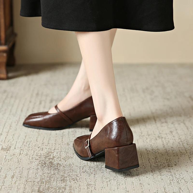 Fashion 2025 Shoes for Women Mary Janes Women's High Heels Retro Dress Pumps Women Square Toe Chunky Heels Buckle Strap Shoes Ladies