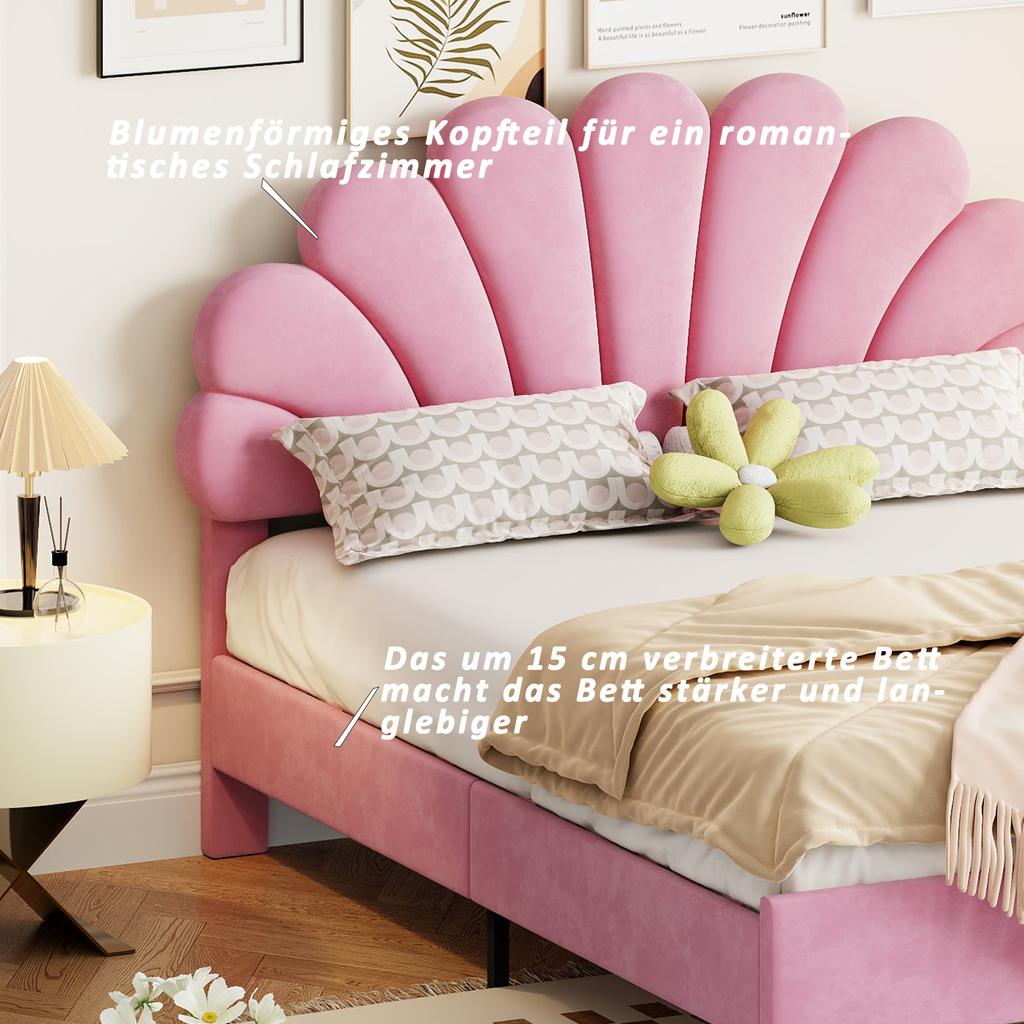 Letto Matrimoniale Imbottito 140 x 200 cm, Struttura con Testiera a Forma di Fiore e Rete a Doghe, per Adulti-Ragazzi in Tessuto di Velluto Amico della Pelle, Letto per Ospiti Rosa
