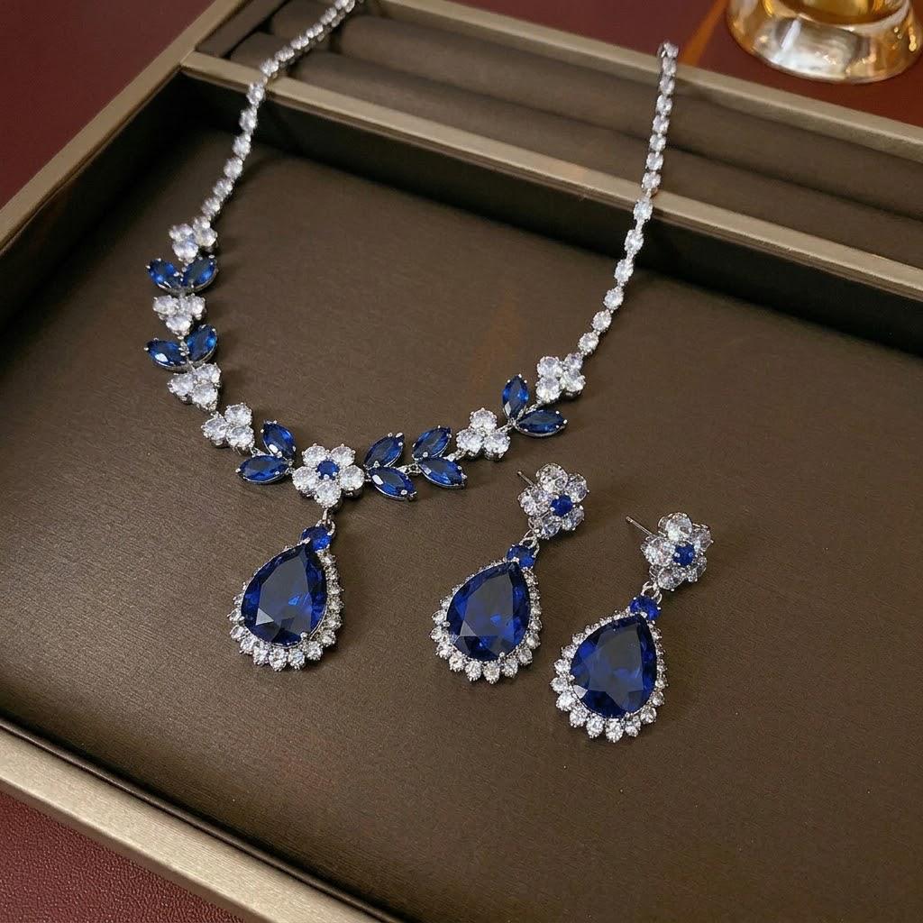 European Style Blue Zircon Water Drop Necklace & Earrings Set