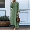 Women Solid Two Piece Outfit Lapel Long Shirt Maxi Blouse Wide Leg Pants Set Elegant Modest Muslim Abaya Suit Spring Daily Wear For Middle East Market