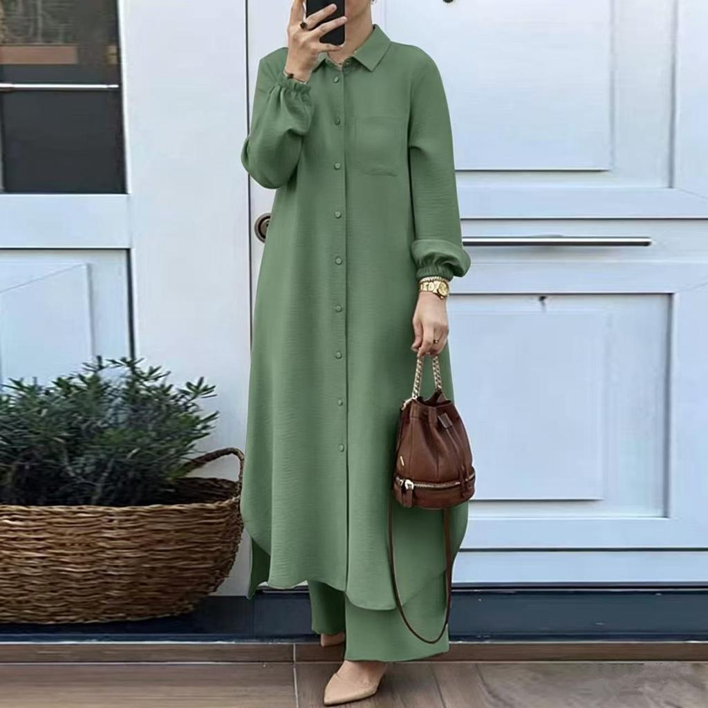 Women Solid Two Piece Outfit Lapel Long Shirt Maxi Blouse Wide Leg Pants Set Elegant Modest Muslim Abaya Suit Spring Daily Wear For Middle East Market