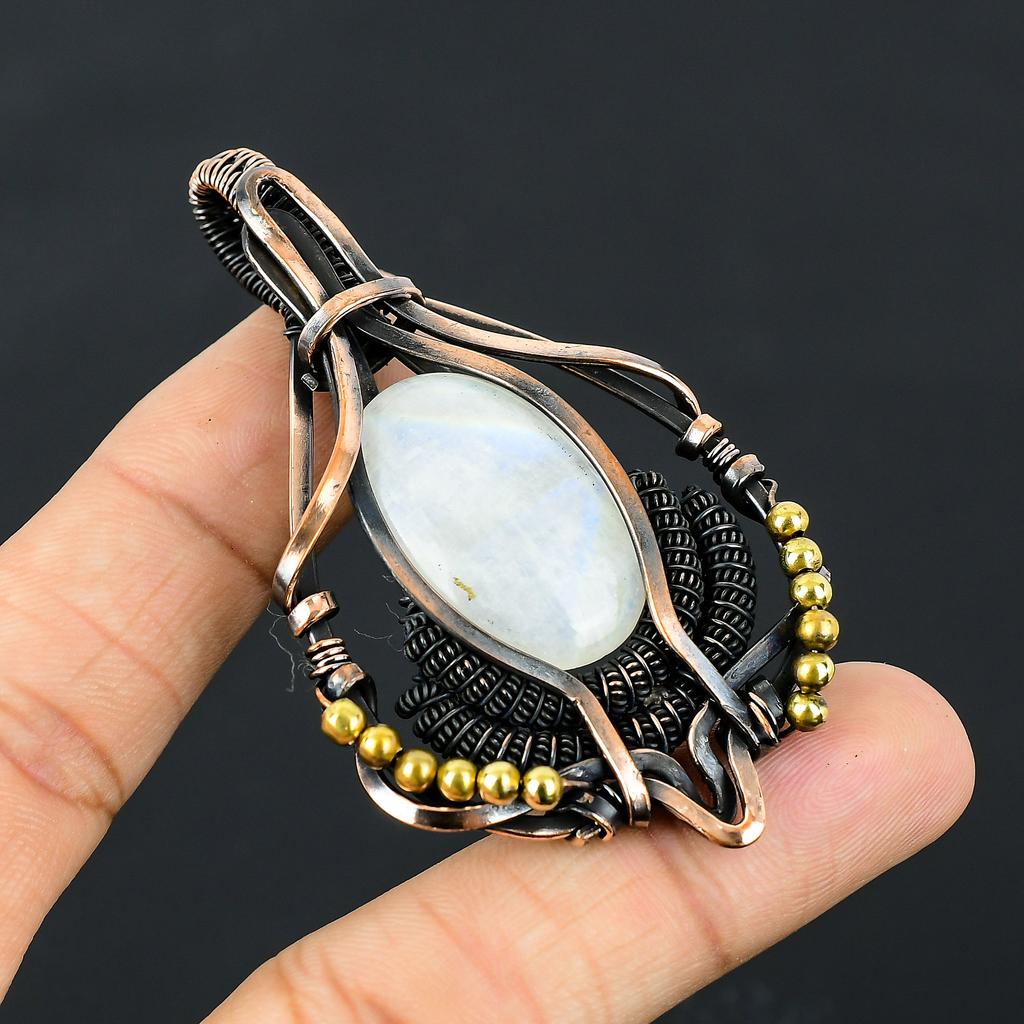 Natural Rainbow Moonstone Gemstone Handmade Copper Wire Wrap Pendant 2.95" A3n59