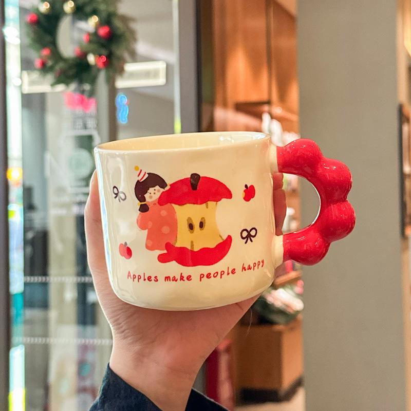 Girl Heart Apple Girl Cup Cute Ceramic Cup with Lid Spoon Girl Large Capacity Coffee Mug Souvenir