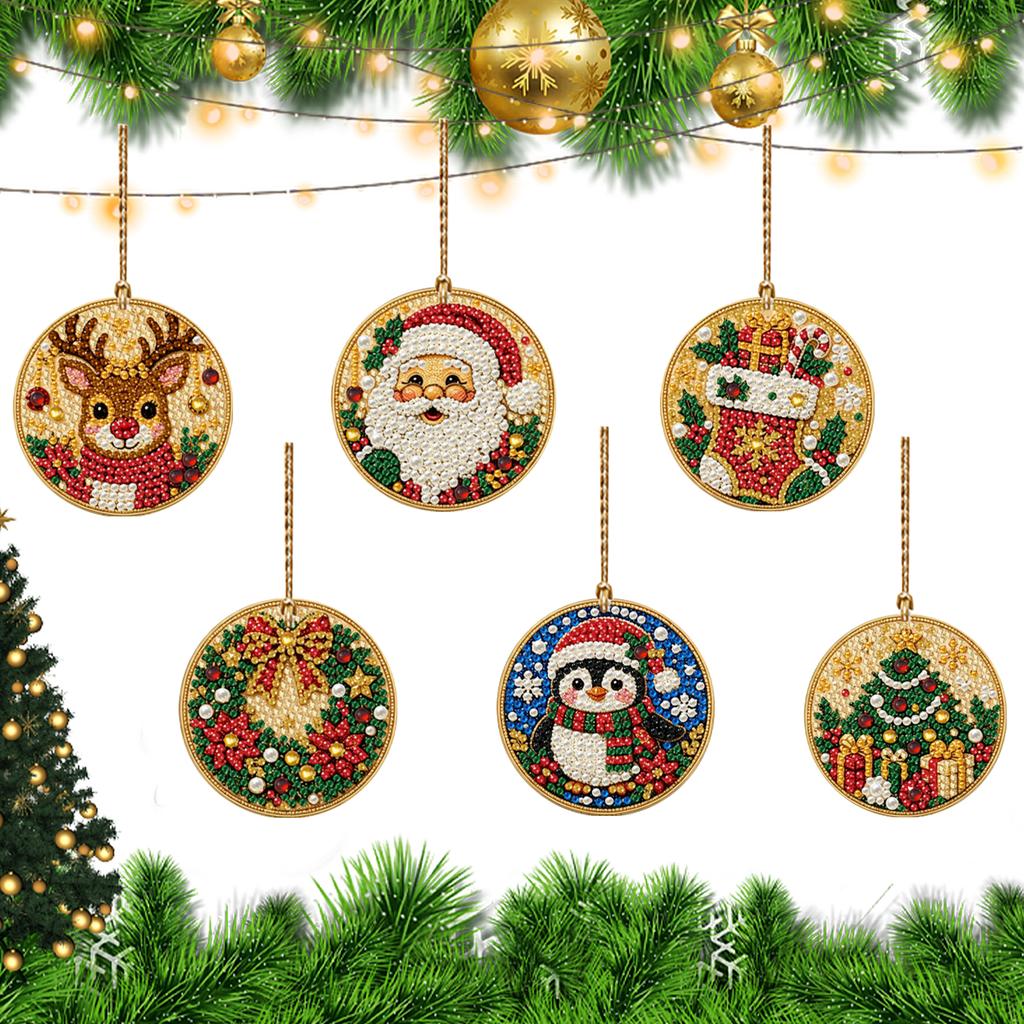 DIY Diamond Painting Christmas Tree Ornament 6pcs Round Wooden Pendants with Resin Gems And Rope