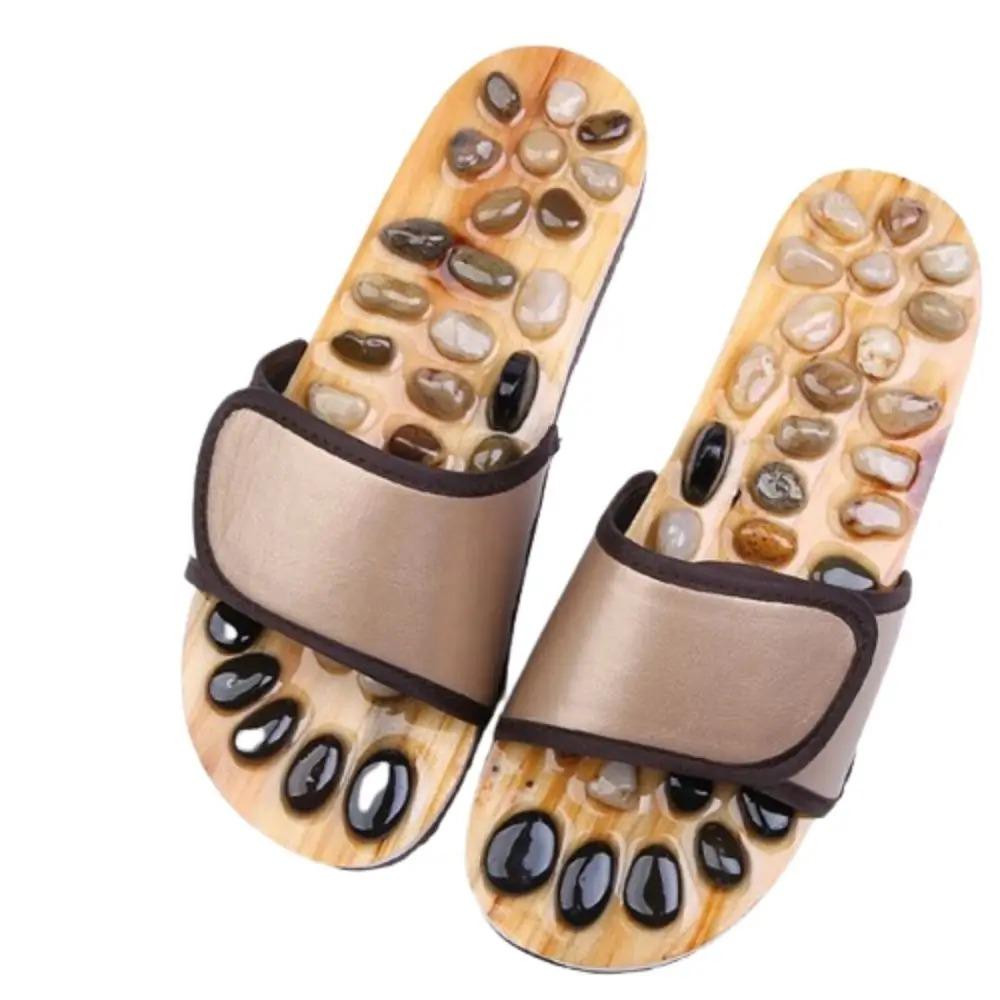 Natural Pebbles Acupressure Massage Slippers Feet Care Rotating Massage Stone Sandals Anti-slip Adjustable Foot Massager Shoes