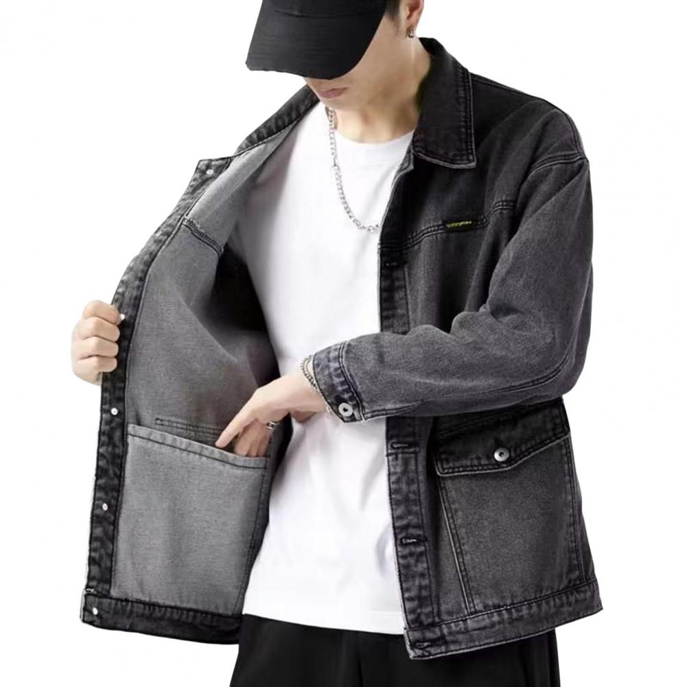 Versatile Denim Jacket Stylish Men's Denim Jacket with Lapel Collar Long Sleeves Large Pockets Fashionable Spring Autumn for Men